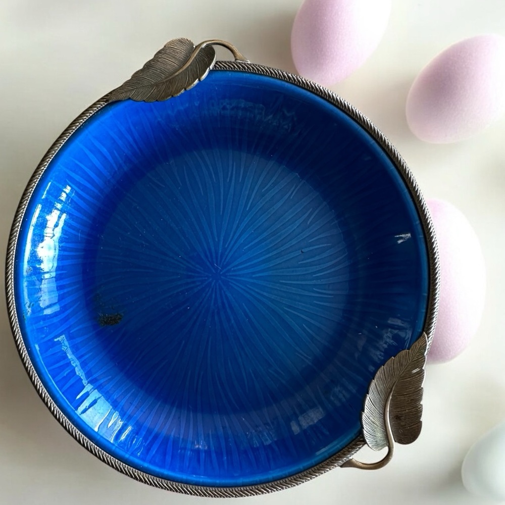 Evan’s mid century vintage cobalt blue hand enameled dish metal leaf handles